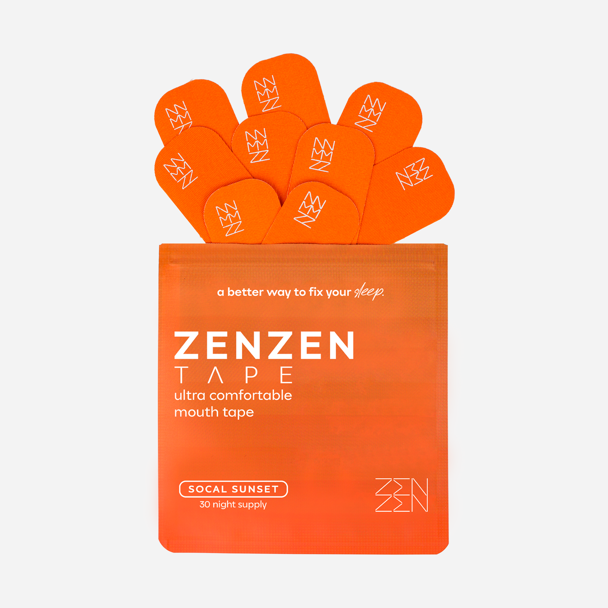 The Zenzentape Socal Sunset Mouthtape comes in an orange pouch, featuring 30 orange rectangular strips with white logos, made from organic bamboo silk for gentle sleep support.