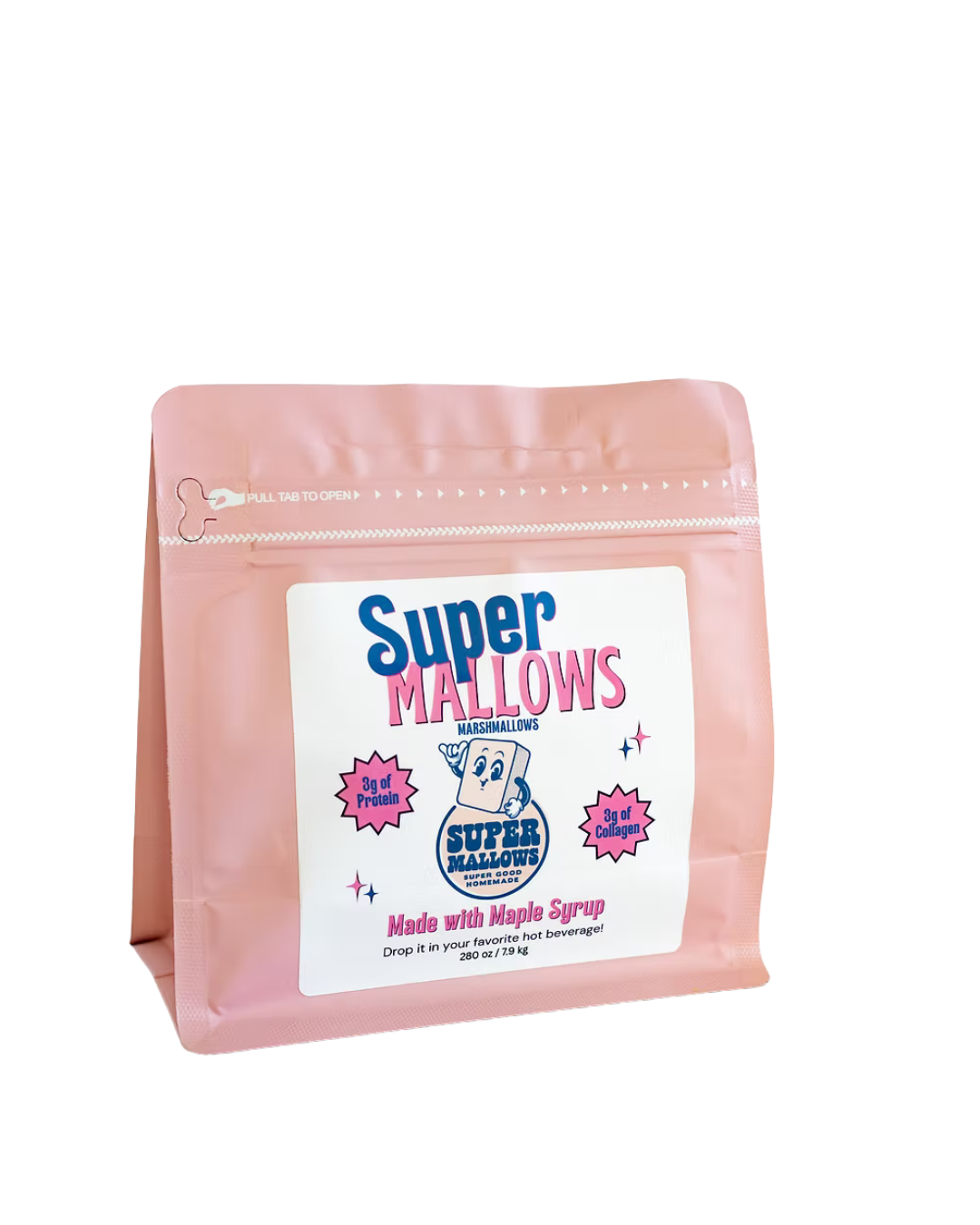 A pink resealable bag labeled "Super Mallows" in blue and pink text holds the Original Super Mallow 8-pack. Collagen marshmallows made with grass-fed gelatin; product info is on a white square label on the front.