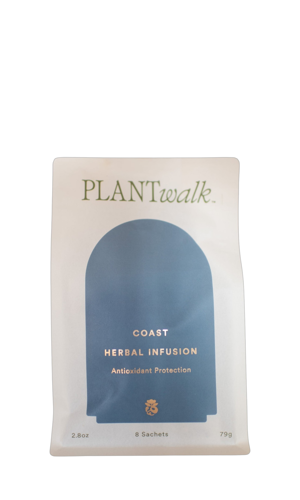 A white and blue pouch labeled "PLANTWALK COAST | Antioxidant Protection Herbal Infusion" contains 8 antioxidant blend sachets, net weight 2.8 oz (79g).