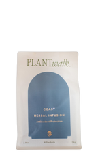 A white and blue pouch labeled "PLANTWALK COAST | Antioxidant Protection Herbal Infusion" contains 8 antioxidant blend sachets, net weight 2.8 oz (79g).