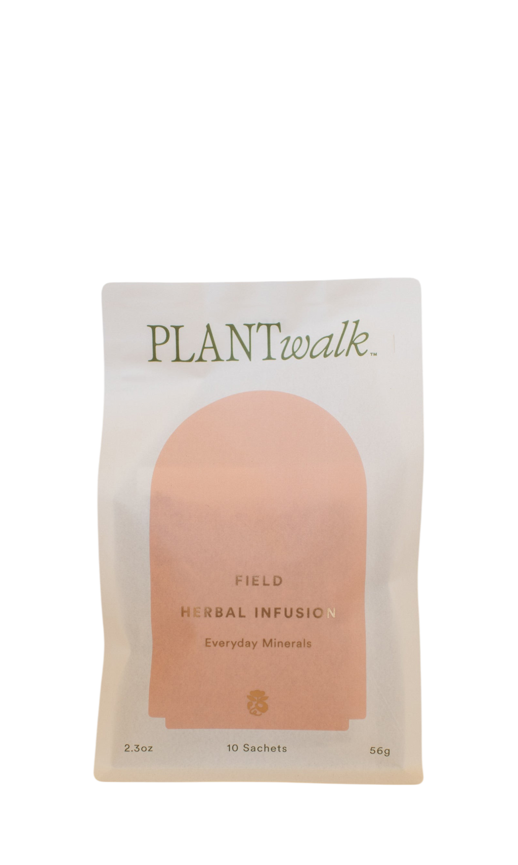A white and beige pouch labeled "PLANTWALK" holds FIELD | Everyday Minerals Herbal Infusion—an herbal, plant-based mineral supplement. The minimalist 56g pack contains 10 sachets and features an arch-shaped graphic.