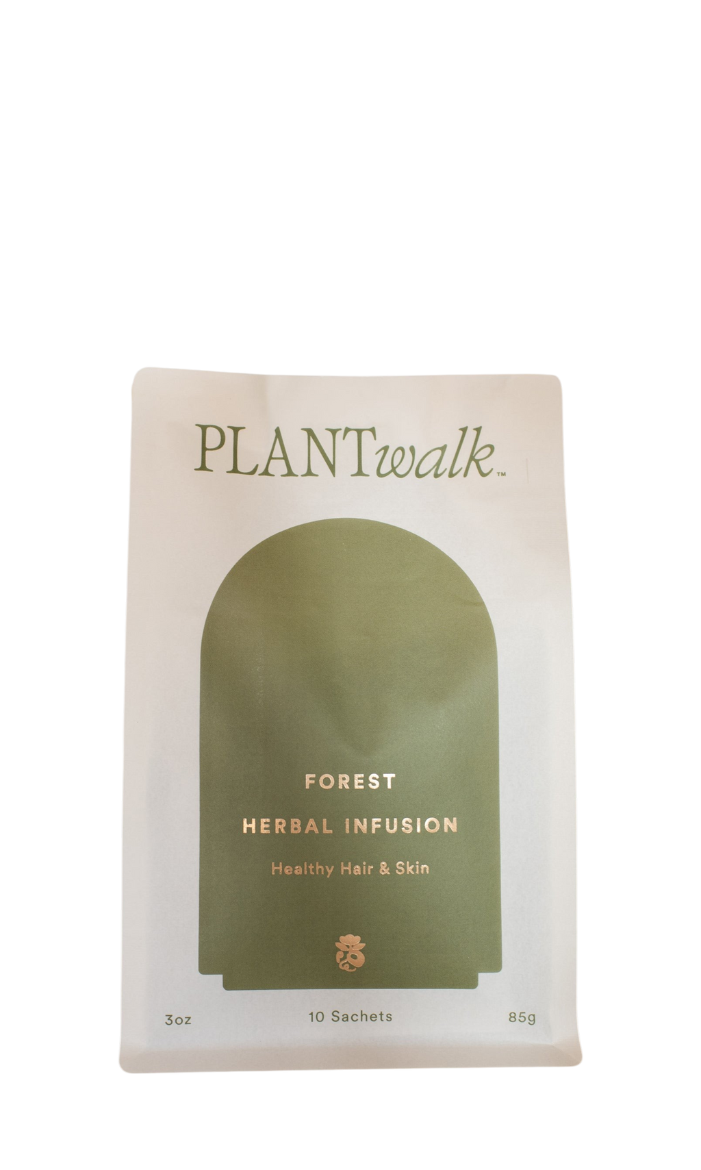 PLANTWALK’s FOREST | Healthy Hair & Skin Herbal Infusion offers herbal support and structural protein for hair and nails. The white package with a green arch, gold text contains 10 sachets (3 oz/85g).