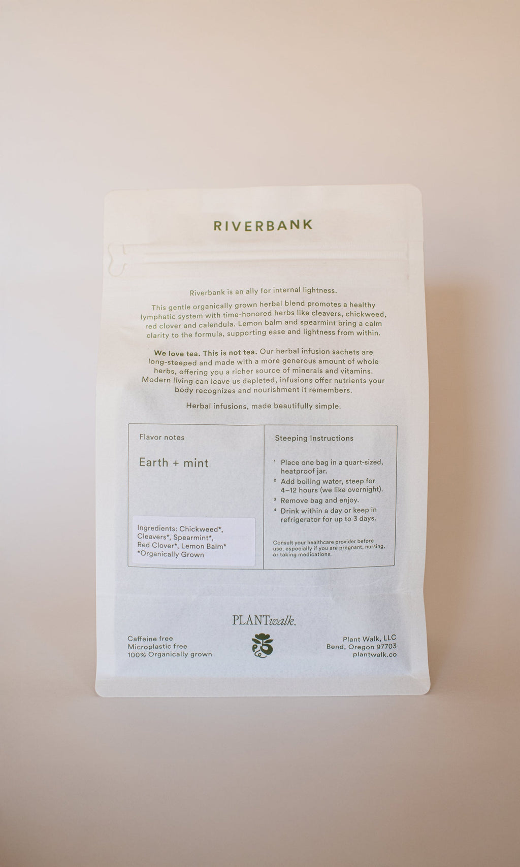 The white RIVERBANK | Lymphatic Clarity Herbal Infusion package by PLANTWALK features an organic blend with steeping instructions, "Earth + mint" flavor notes, and claims gentle lymphatic system support.