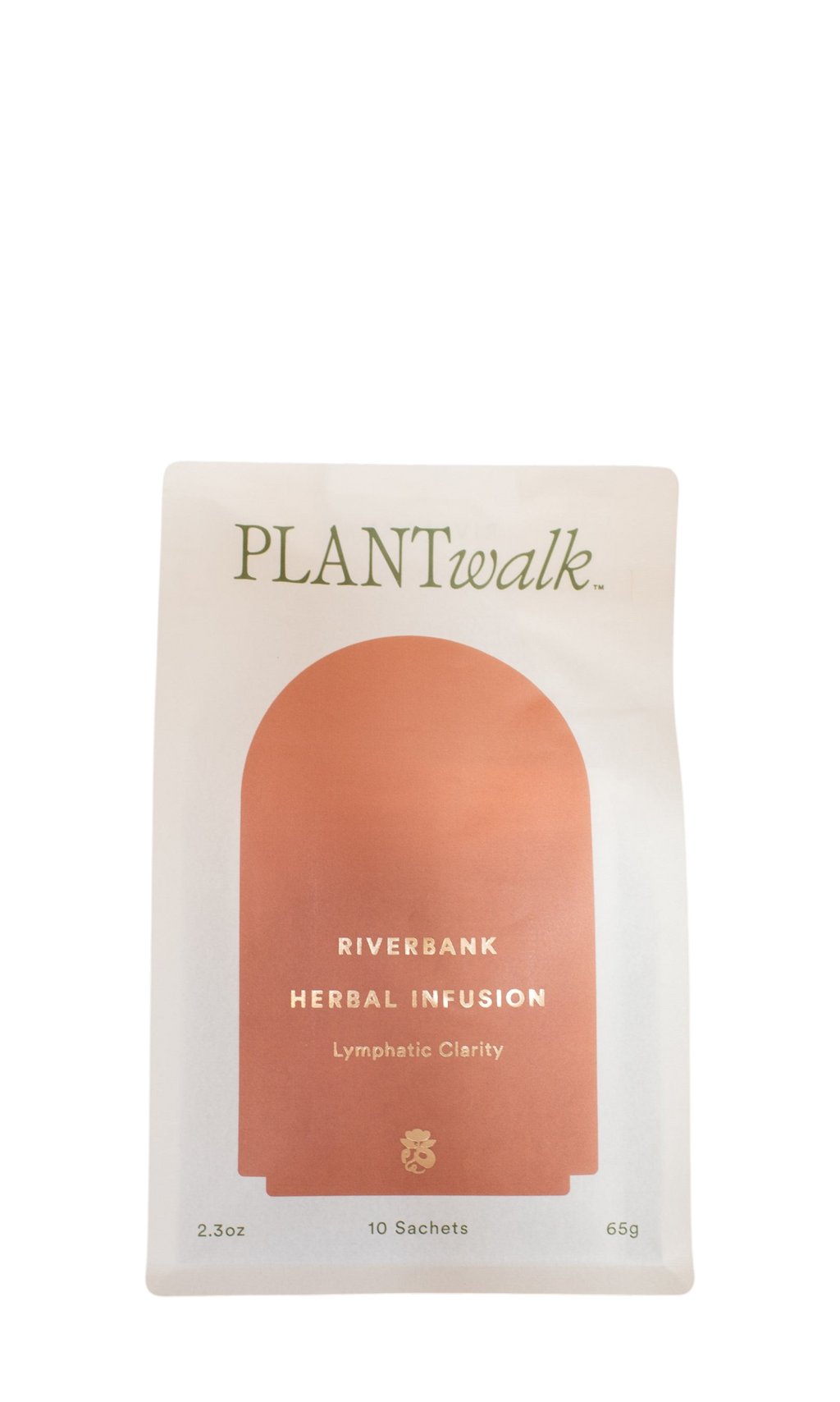 A white packet labeled "PLANTWALK" contains RIVERBANK | Lymphatic Clarity Herbal Infusion. Earthy-toned packaging notes 2.3 oz, 65g, and 10 sachets at the bottom.