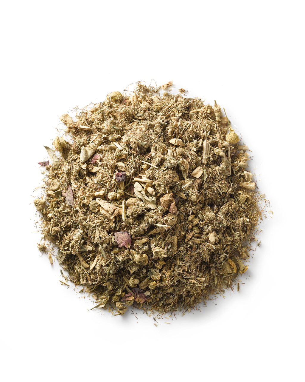 Surya (y)oni Reset Steam is a blend of dried, chopped Ayurvedic herbs and plant materials in earthy brown, green, and beige tones, traditionally used to support reproductive health. Shown here against a plain white background.