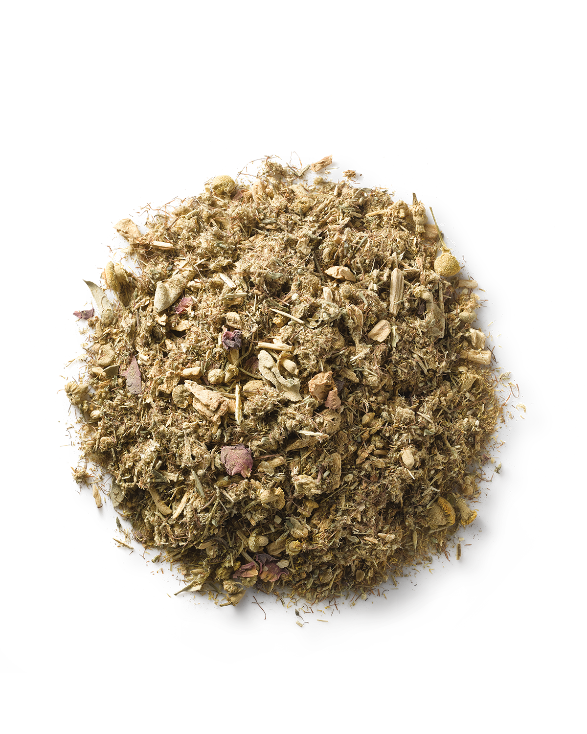 Surya (y)oni Reset Steam is a blend of dried, chopped Ayurvedic herbs and plant materials in earthy brown, green, and beige tones, traditionally used to support reproductive health. Shown here against a plain white background.
