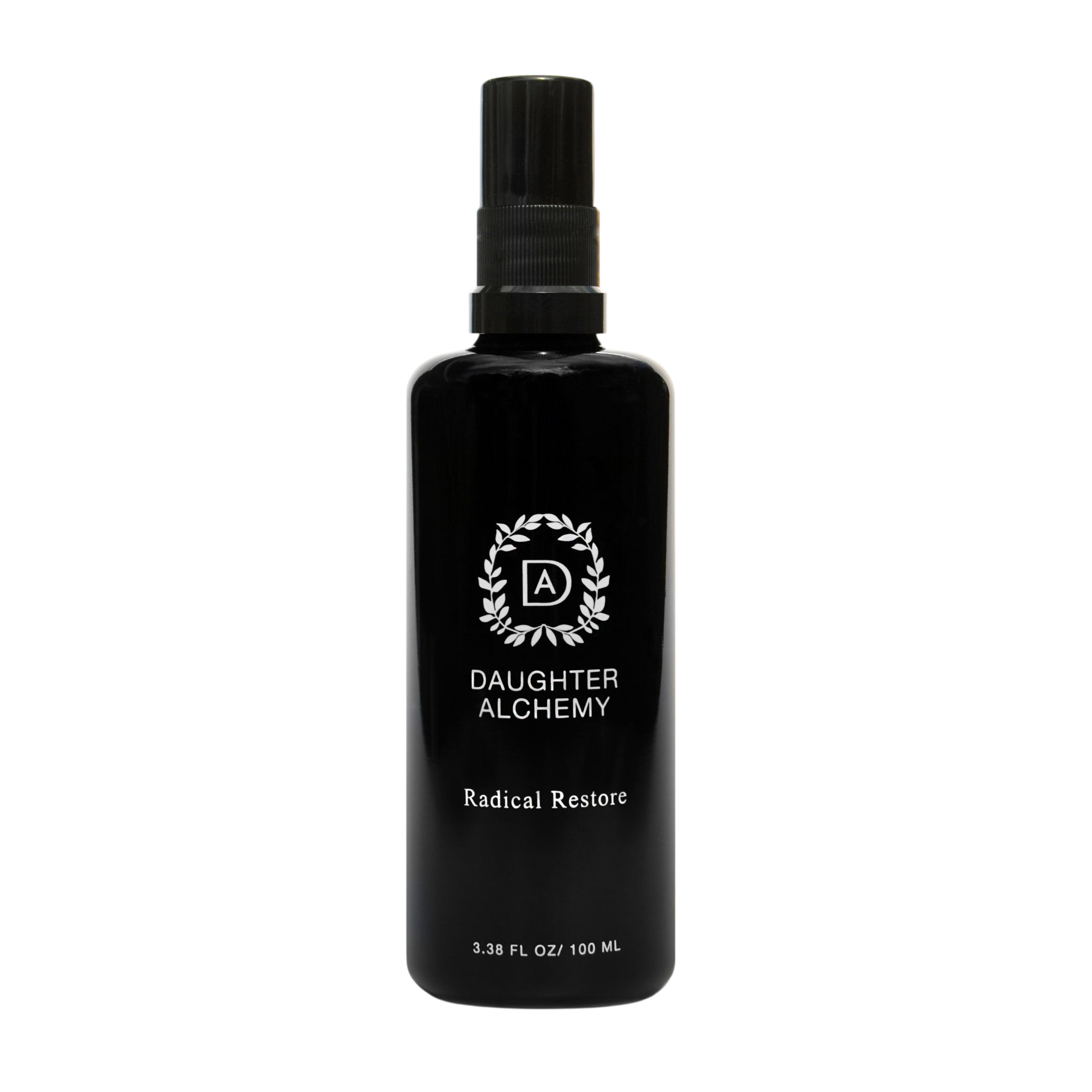 A black spray bottle labeled "Daughter Alchemy Radical Restore® Botanical Energizing Spray" with a white wreath logo, containing 3.38 fl oz (100 ml), is set against a plain white background.