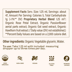 The supplement facts label for WOODEN SPOON HERBS Rose-Colored Glasses lists serving size, rose petal extract, passionflower, oat seed, hawthorn fruit, stress support dropper directions, and icons for USDA Organic, non-GMO, vegan, gluten-free & woman-owned.