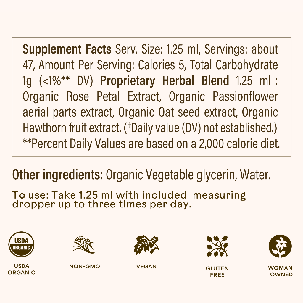 The supplement facts label for WOODEN SPOON HERBS Rose-Colored Glasses lists serving size, rose petal extract, passionflower, oat seed, hawthorn fruit, stress support dropper directions, and icons for USDA Organic, non-GMO, vegan, gluten-free & woman-owned.