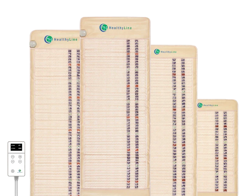 Four SOFT Series Far Infrared Heating Mats by HealthyLine in different sizes are displayed upright, control panel on the left. Each mat contains vertical rows of Amethyst, Jade, and Tourmaline gemstones for Negative Ion Therapy.