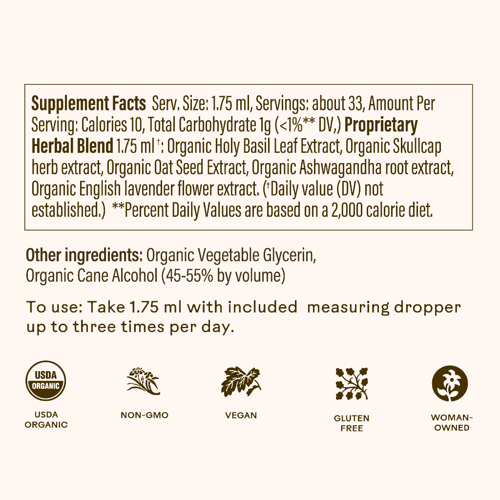 The Tranquility Tonic supplement facts label by WOODEN SPOON HERBS lists calming herbs like holy basil, skullcap, oat seed, and ashwagandha with glycerin. Icons show it's organic, non-GMO, vegan, gluten free, and women-owned.