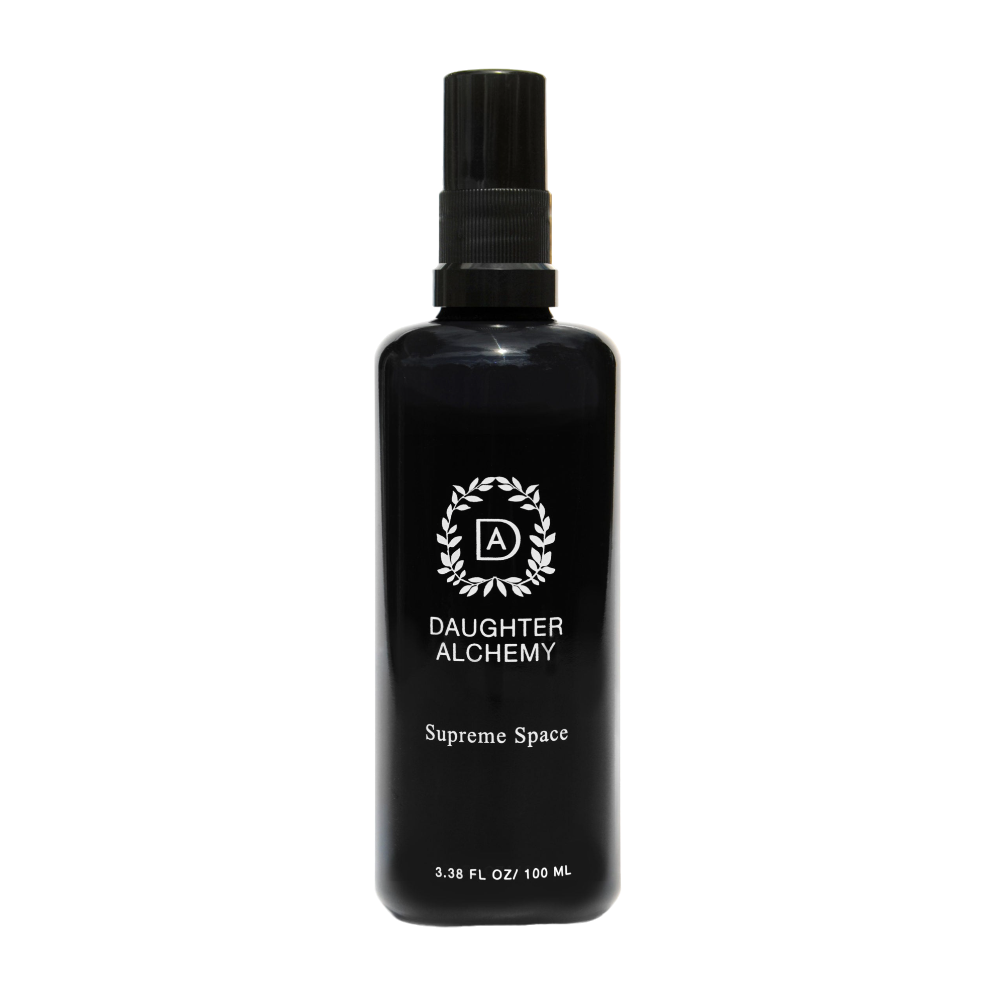 A black spray bottle labeled "Daughter Alchemy Supreme Space® Botanical Protective Spray" with a white logo and text, containing 3.38 fl oz (100 ml), stands upright on a plain white background.