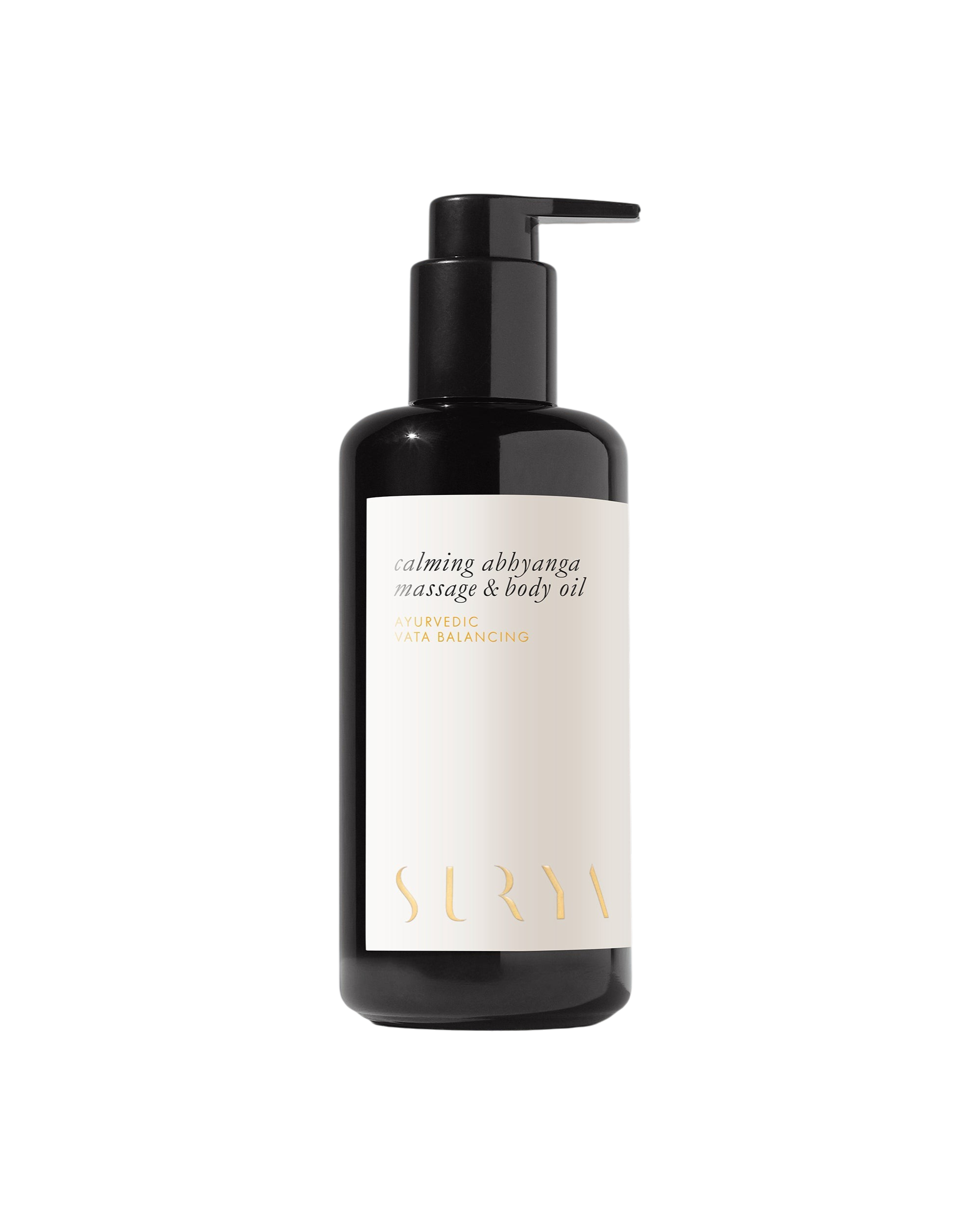 A black pump bottle labeled "Calming Body Oil" by Surya, designed for Vata balancing massage and Ayurvedic care, set against a plain white background.