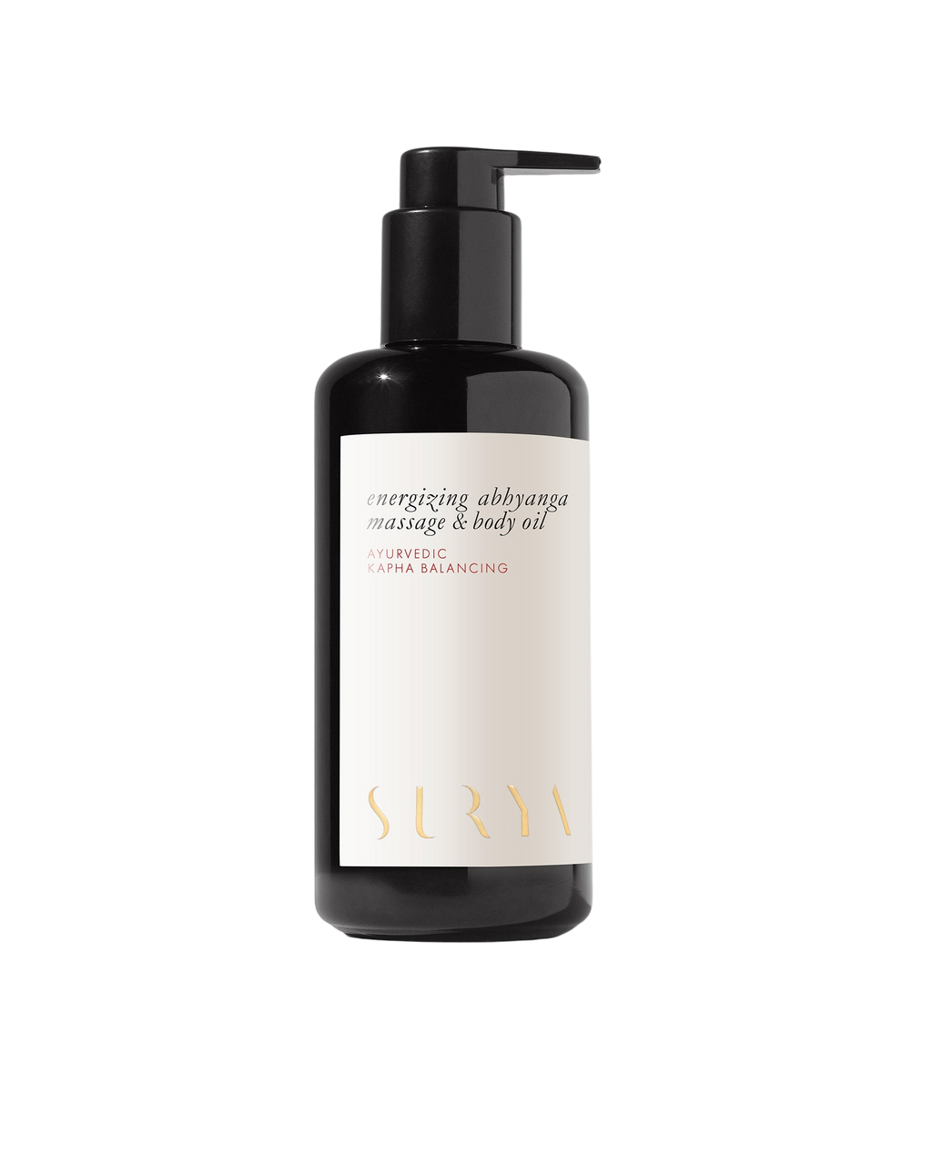 A black pump bottle labeled "Energizing Body Oil" features Surya's gold branding and is crafted with an Ayurveda Kapha formula for detox and massage.