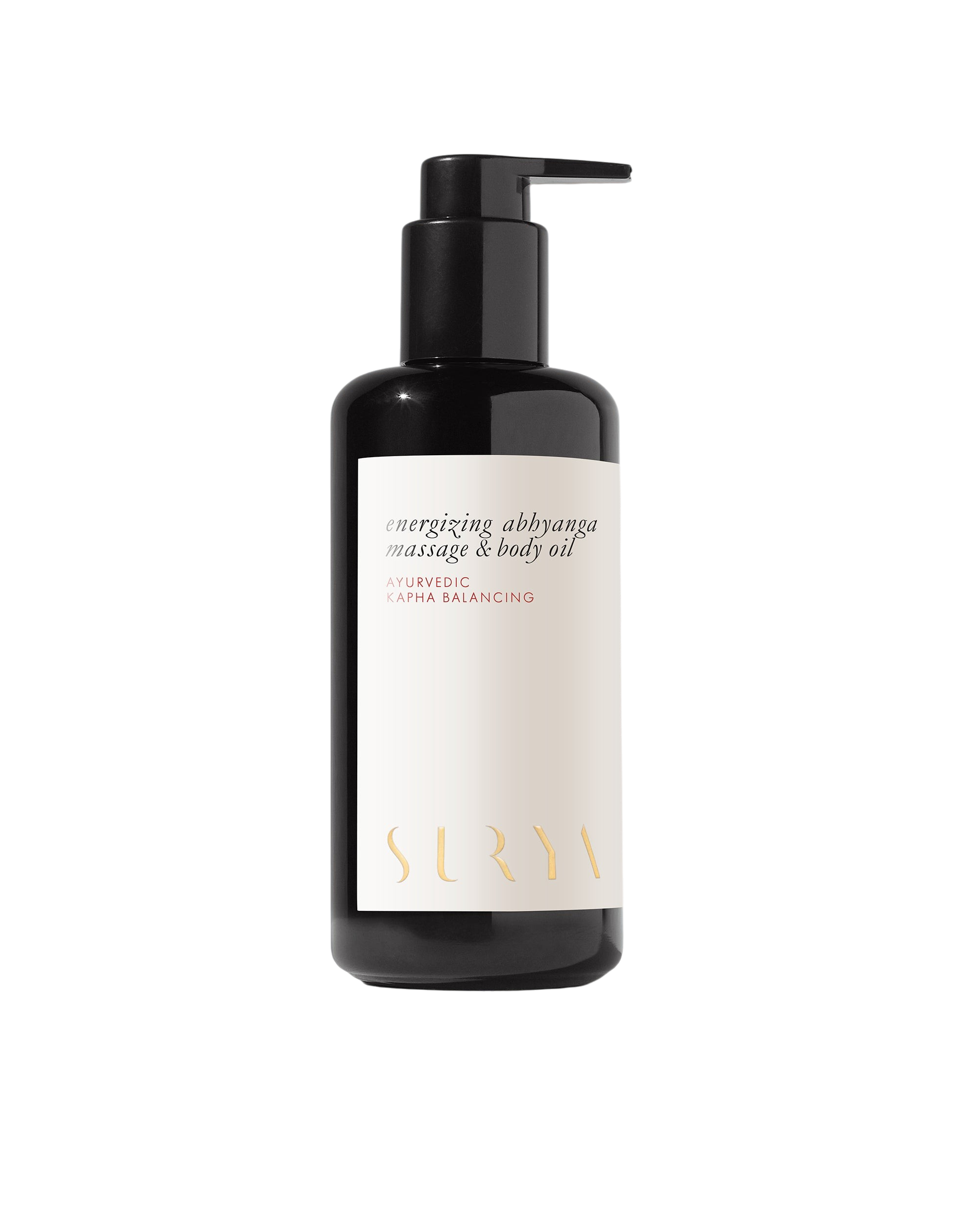 A black pump bottle labeled "Energizing Body Oil" features Surya's gold branding and is crafted with an Ayurveda Kapha formula for detox and massage.