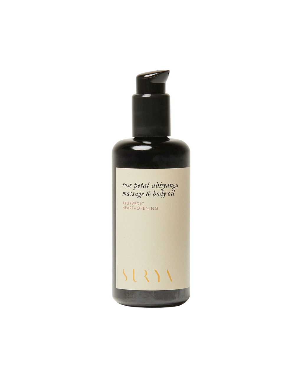 A dark pump bottle labeled "Rose Petal Body Oil" by Surya, featuring handmade skincare with rose essential oil, set against a plain white background.