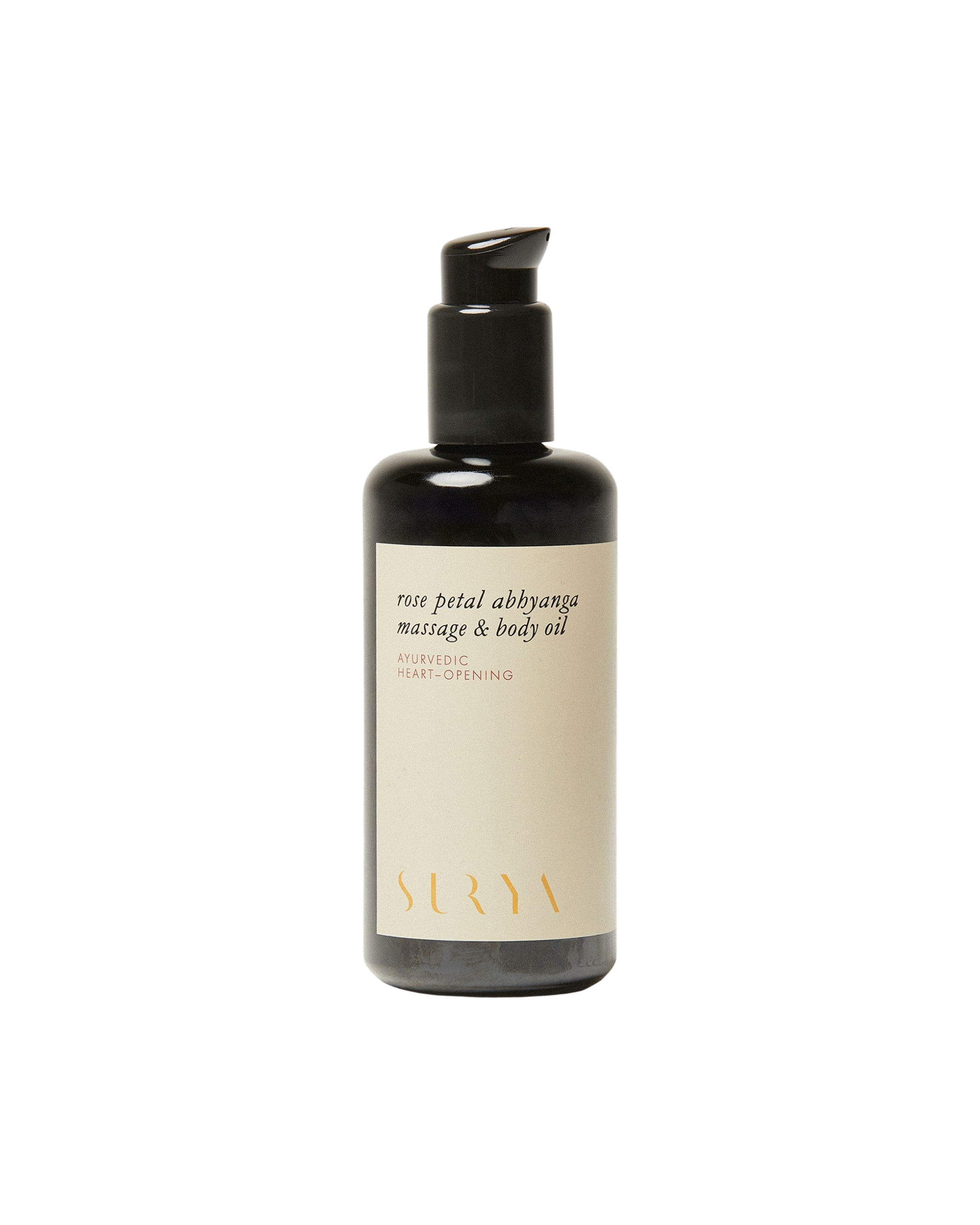 A dark pump bottle labeled "Rose Petal Body Oil" by Surya, featuring handmade skincare with rose essential oil, set against a plain white background.