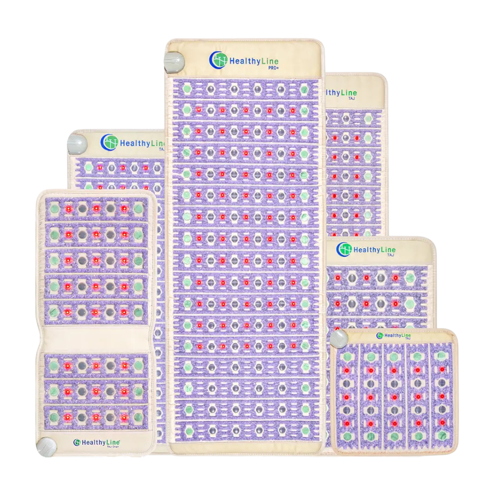 Five rectangular HealthyLine TAJ Series | PEMF Far Infrared Heating Mats of various sizes overlap, featuring purple surfaces with multicolored gemstones for heated therapy and a beige border displaying the brand logo at the top.