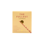 A yellow box labeled "The Fullest Saffron Latte 10 Single-Serving Sachets" features a gold semicircle and stepped design. Text highlights "WARM FEELINGS," mood support, plus vegan, non-GMO, gluten-free, and sugar-free attributes.