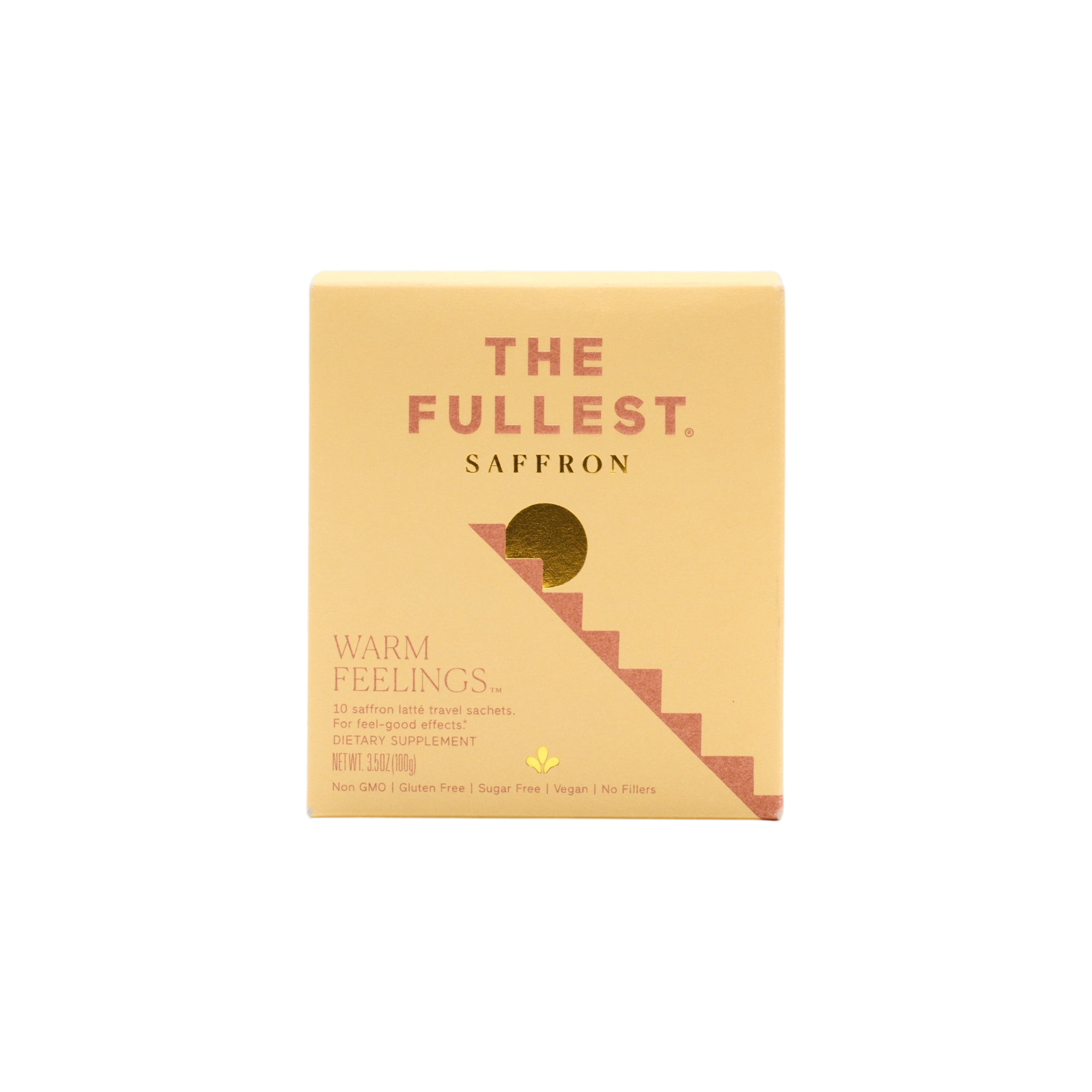 A yellow box labeled "The Fullest Saffron Latte 10 Single-Serving Sachets" features a gold semicircle and stepped design. Text highlights "WARM FEELINGS," mood support, plus vegan, non-GMO, gluten-free, and sugar-free attributes.