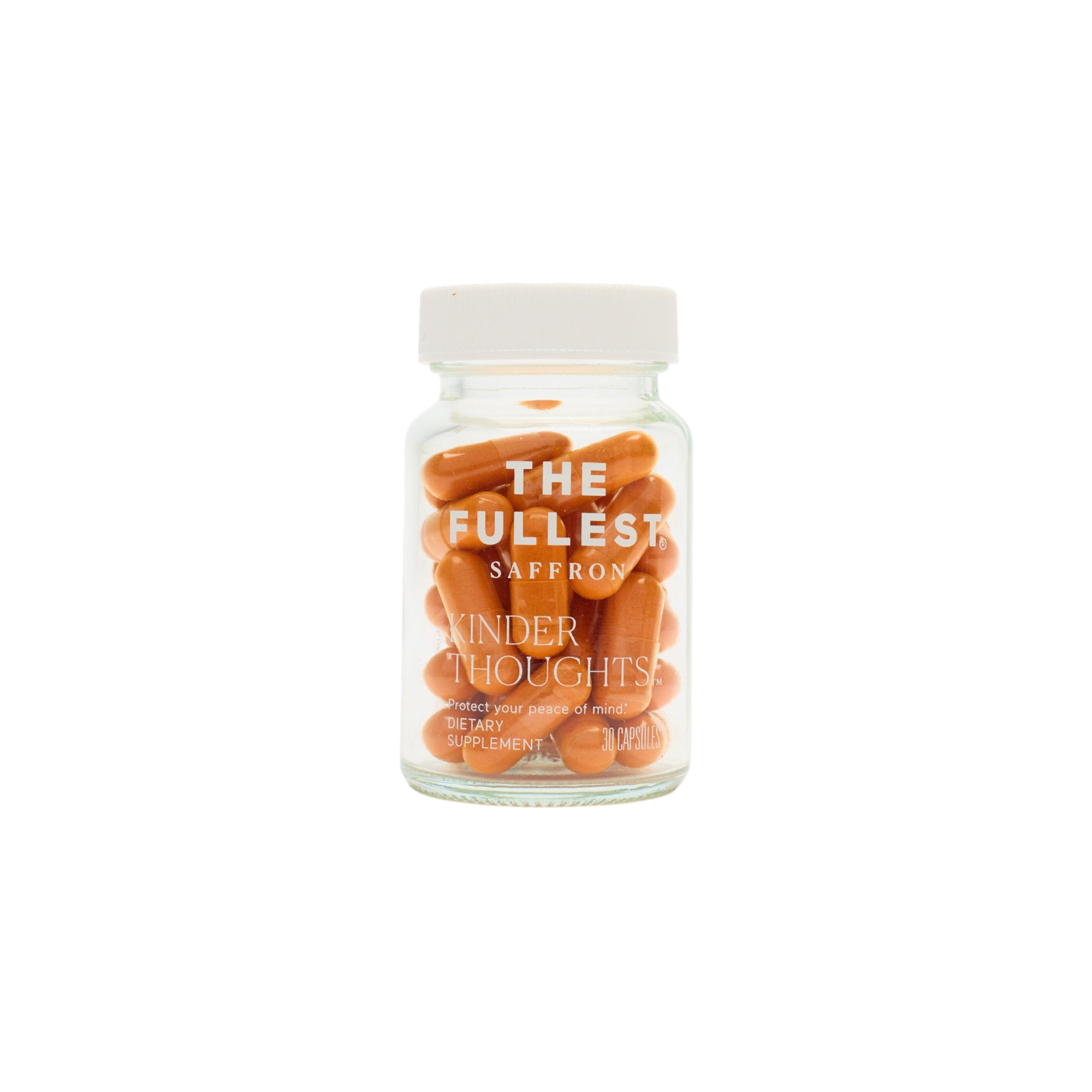 A clear glass jar with a white lid, labeled "The Fullest Saffron Capsules," sits centered on a white background. The jar contains orange capsules designed for mood support and is marked as a dietary supplement.