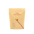 A yellow resealable pouch labeled "The Fullest" with a minimal ball and stairs design, featuring the text "Saffron Latte 30-Day Supply," highlights this caffeine-free dietary supplement for mood support.
