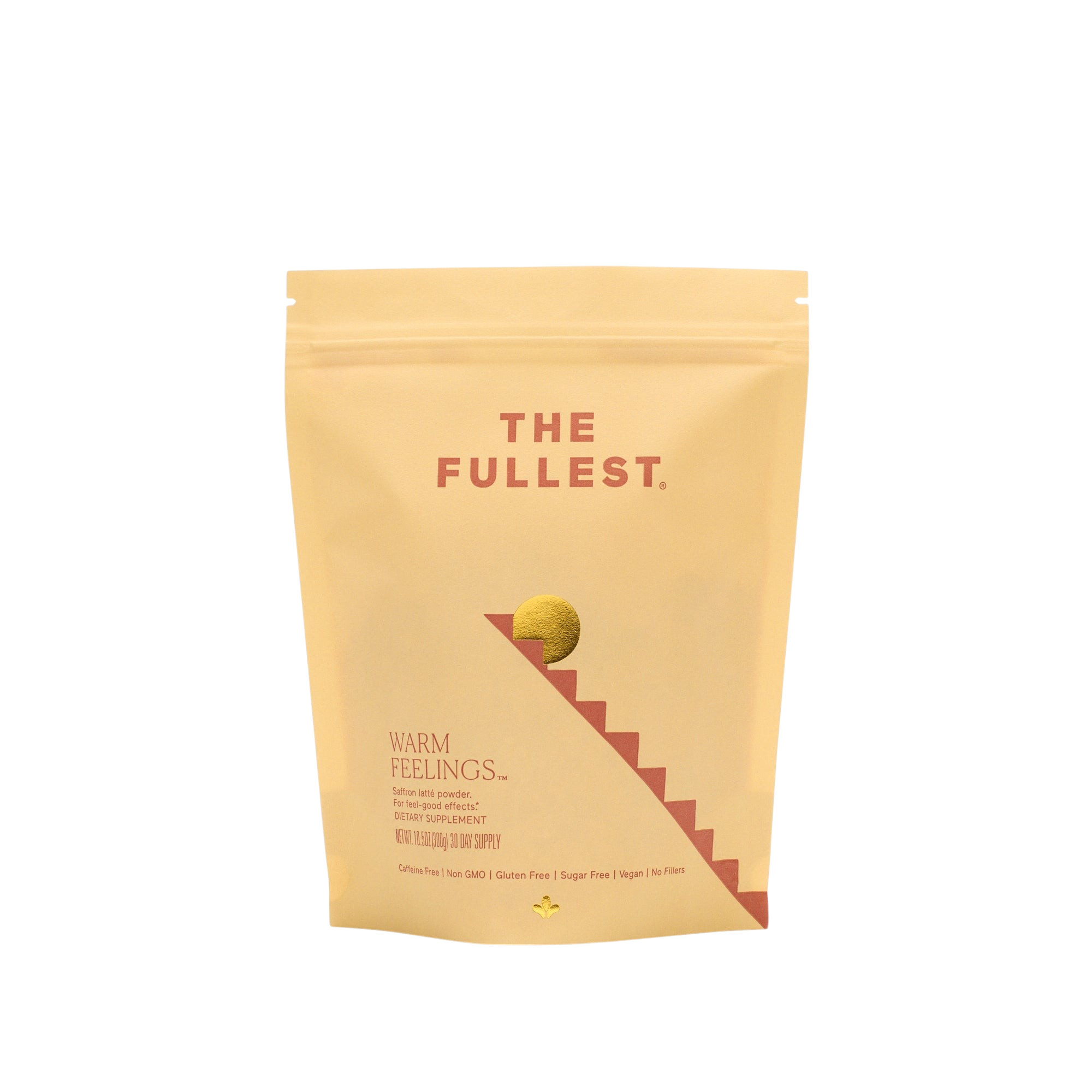 A yellow resealable pouch labeled "The Fullest" with a minimal ball and stairs design, featuring the text "Saffron Latte 30-Day Supply," highlights this caffeine-free dietary supplement for mood support.