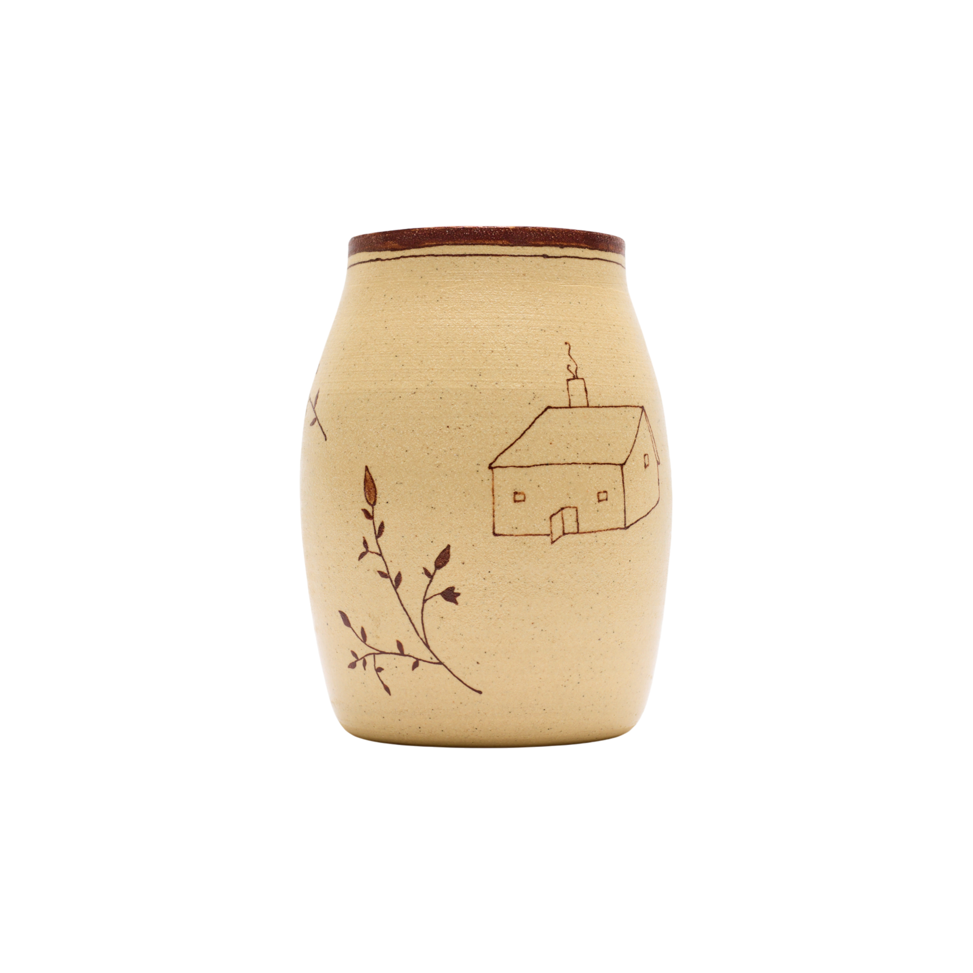 The Baile Homestead Vase by Baile is a handmade ceramic piece with a brown rim, beige surface, a simple house drawing, and hand-painted floral sprigs, shown against a plain white background.