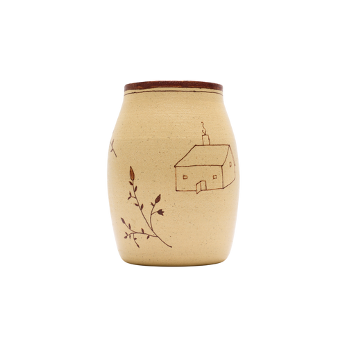 The Baile Homestead Vase by Baile is a handmade ceramic piece with a brown rim, beige surface, a simple house drawing, and hand-painted floral sprigs, shown against a plain white background.