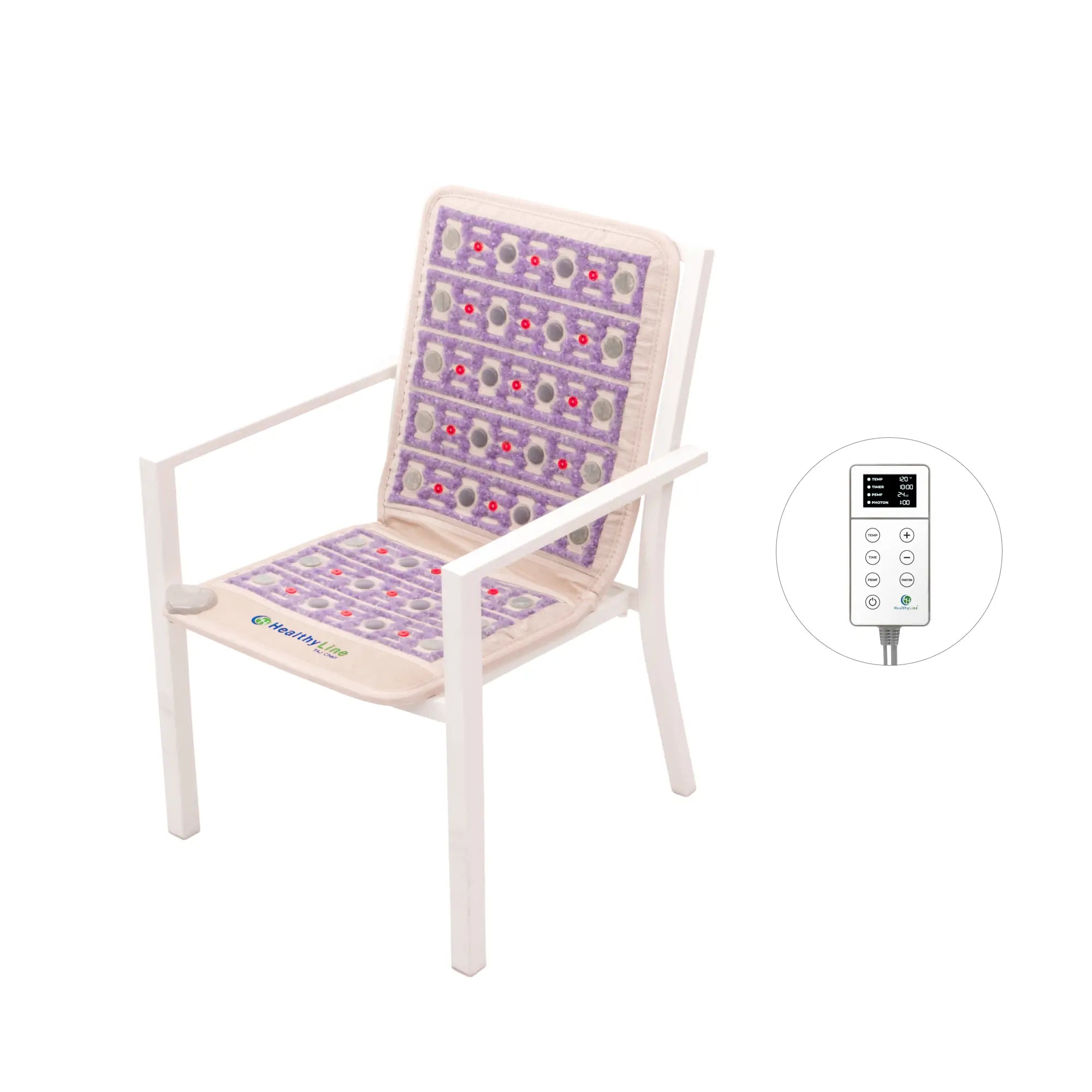 A white chair features a TAJ Series | PEMF Far Infrared Heating Mat from HealthyLine in a purple and beige pattern. A nearby circular inset shows a close-up of the electronic remote control for the heating mat.