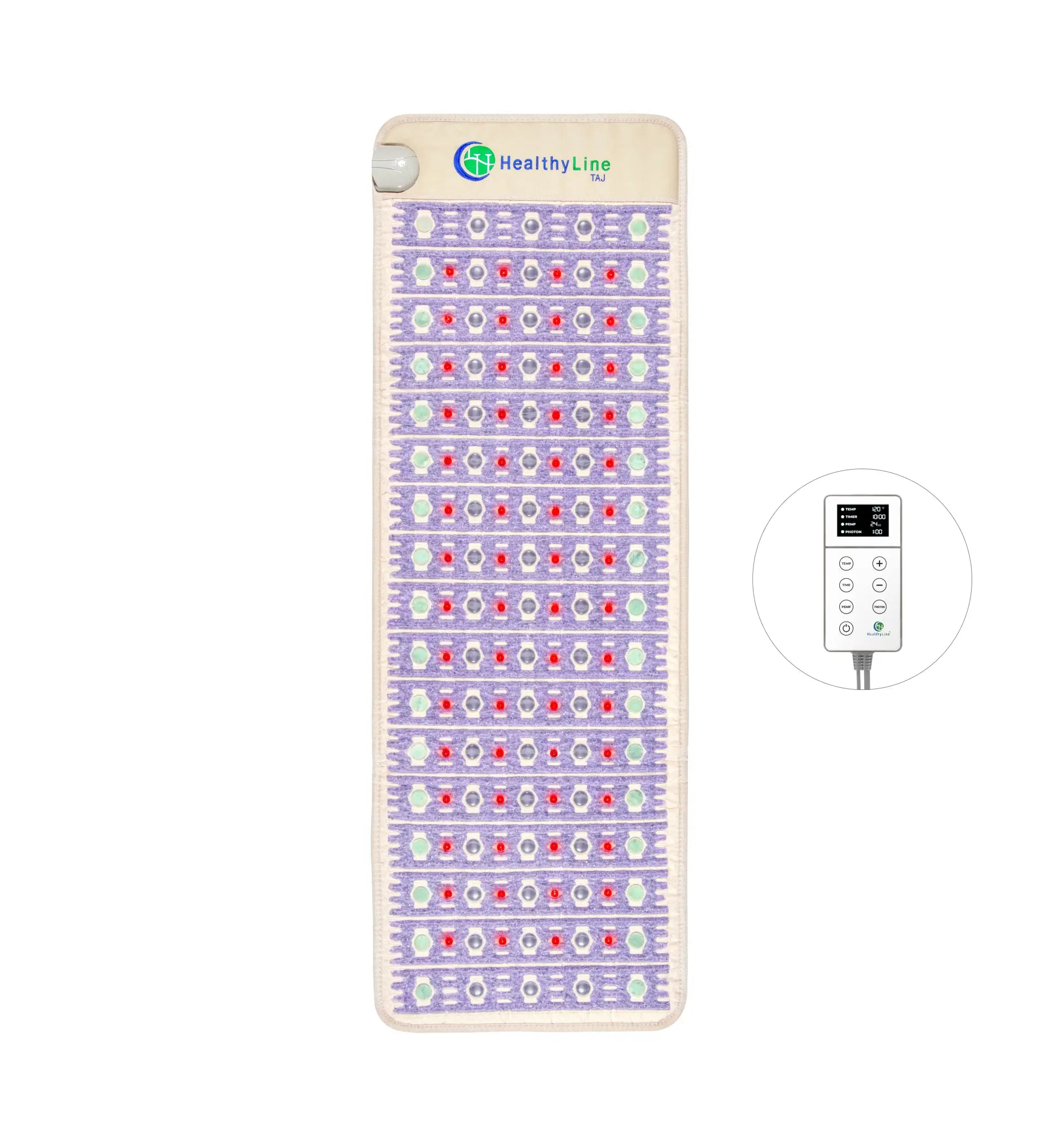 The TAJ Series | PEMF Far Infrared Heating Mat by HealthyLine is a rectangular purple and beige mat with gemstone discs, shown with a digital controller. It’s designed to support health and wellness.