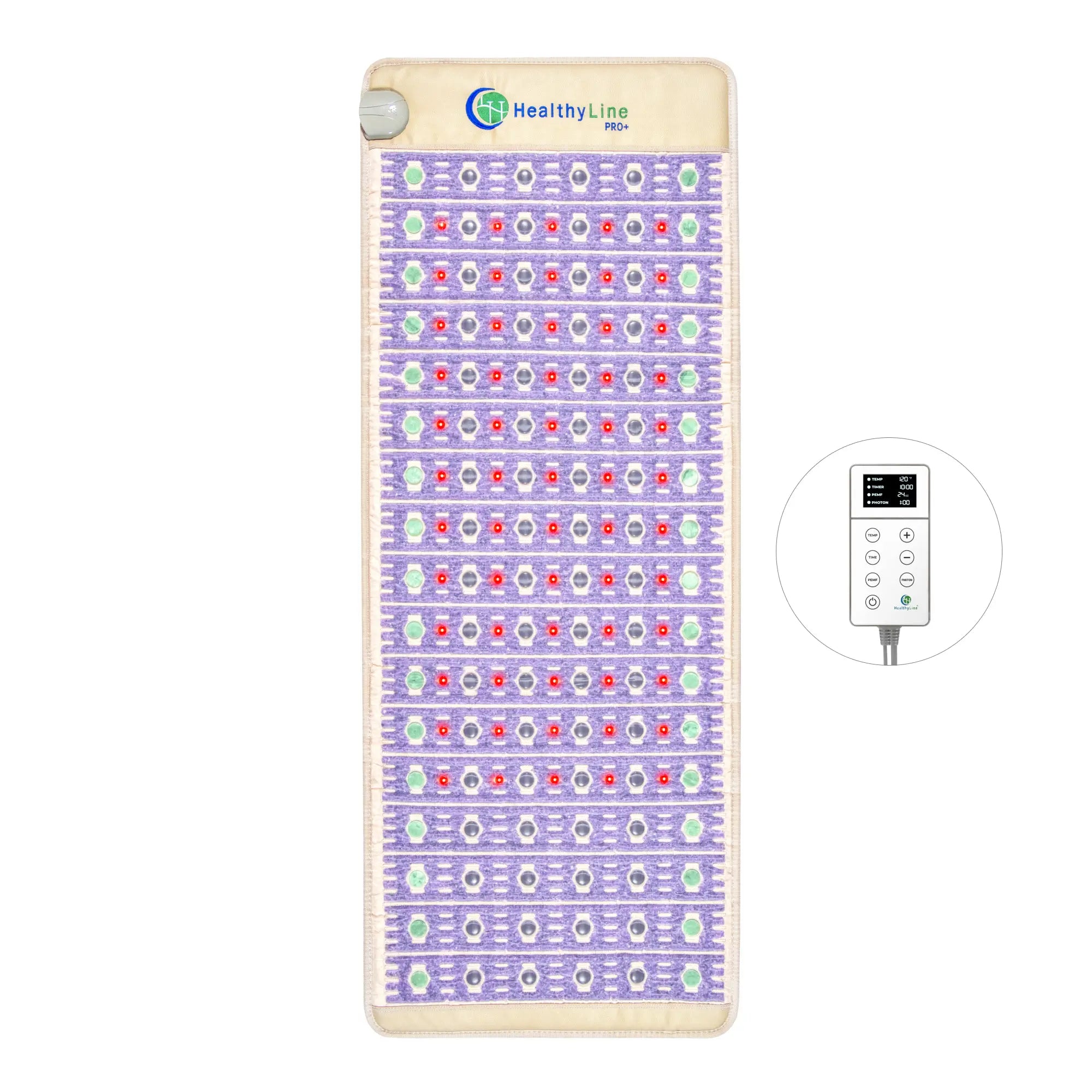 The TAJ Series | PEMF Far Infrared Heating Mat by HealthyLine features a rectangular design with a light beige border, colorful gemstone rows, and the HealthyLine Pro logo. An electronic remote control is shown in an inset on the right.