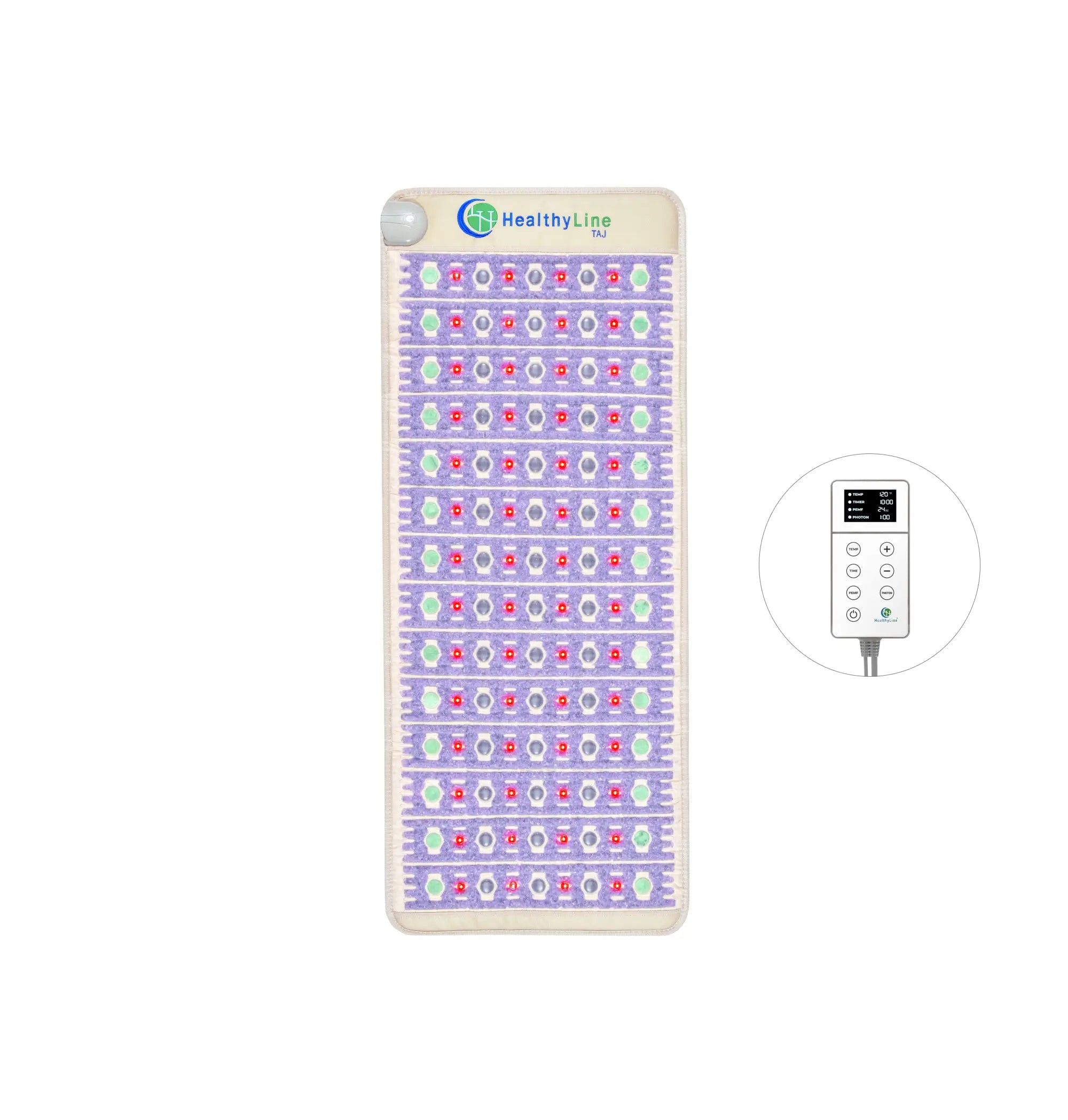 The HealthyLine TAJ Series PEMF Far Infrared Heating Mat features colorful stones, a gray control unit at the top left, and includes a white digital remote control with buttons and a display screen.