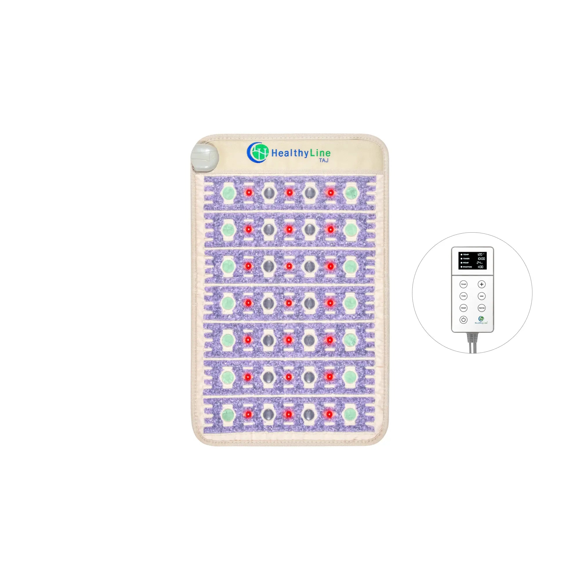 The HealthyLine TAJ Series | PEMF Far Infrared Heating Mat features rows of purple and red stones, with a nearby digital remote. This mat blends advanced far infrared heating for enhanced wellness.