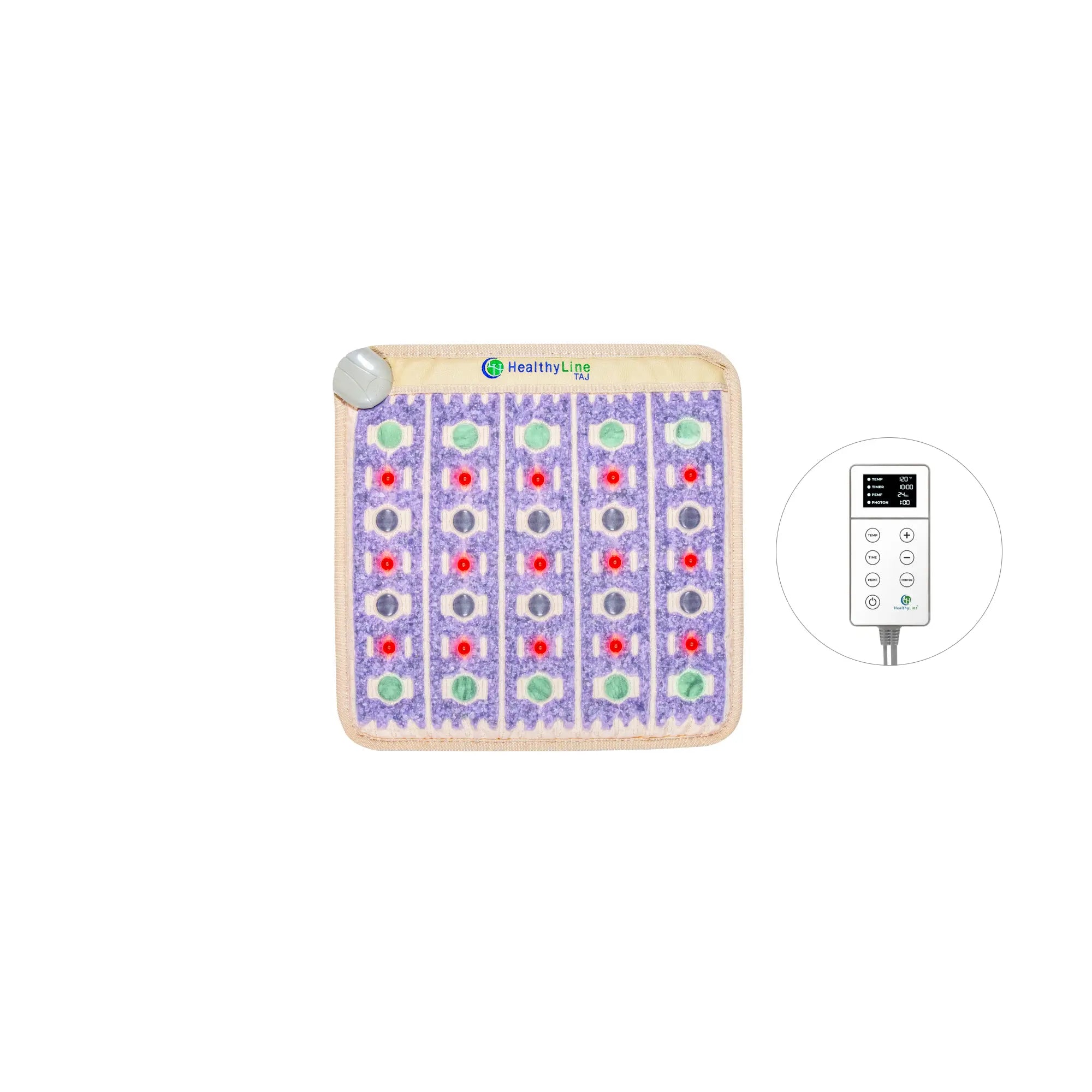 The TAJ Series PEMF Far Infrared Heating Mat by HealthyLine is a square mat with a patterned surface, red and green lights, and "HealthyLine" branding. An inset shows a close-up of the digital control panel with display screen and buttons.