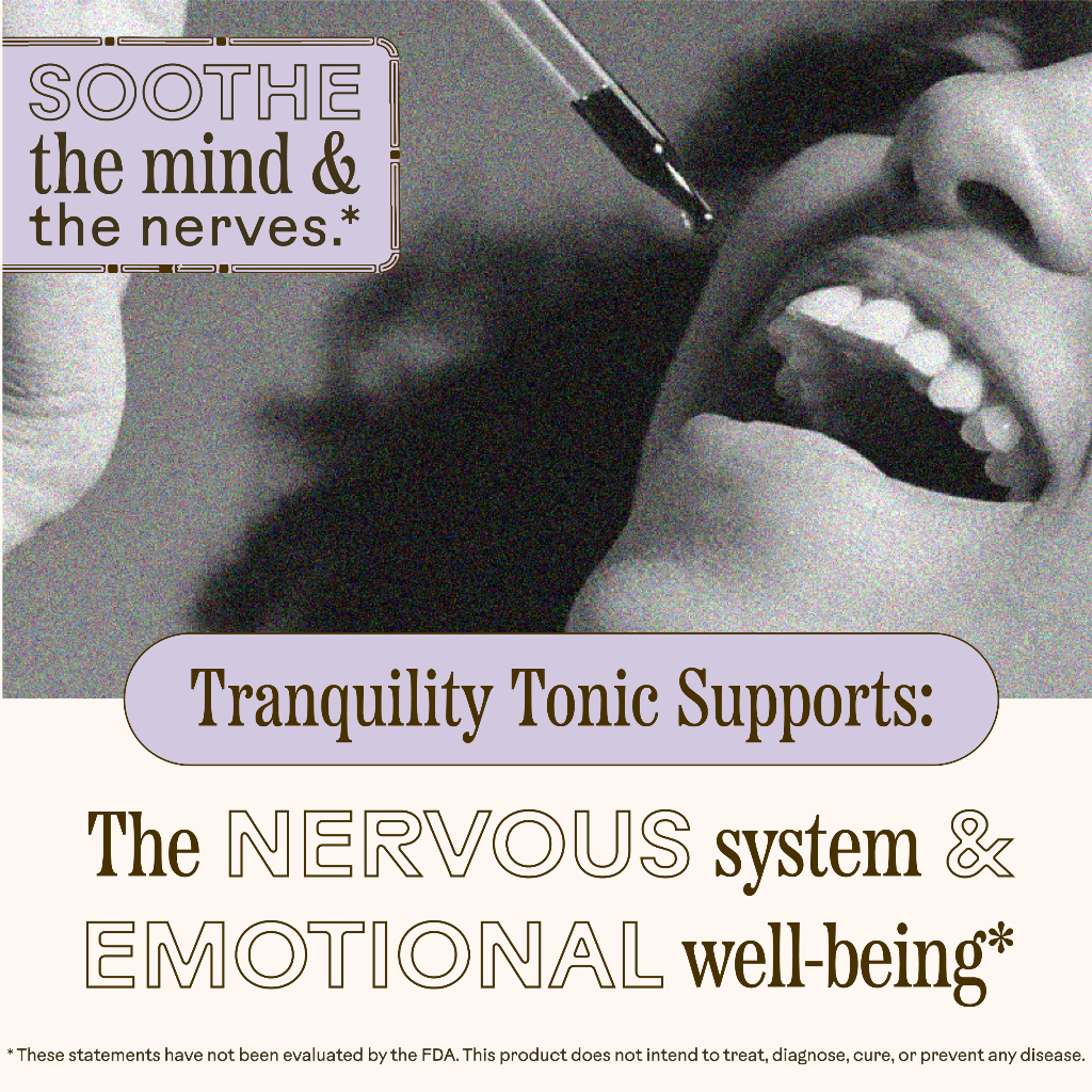 A close-up of a smiling person as a dropper releases liquid near their mouth, with text promoting WOODEN SPOON HERBS Tranquility Tonic—a calming herbal blend that supports relaxation and emotional wellness.