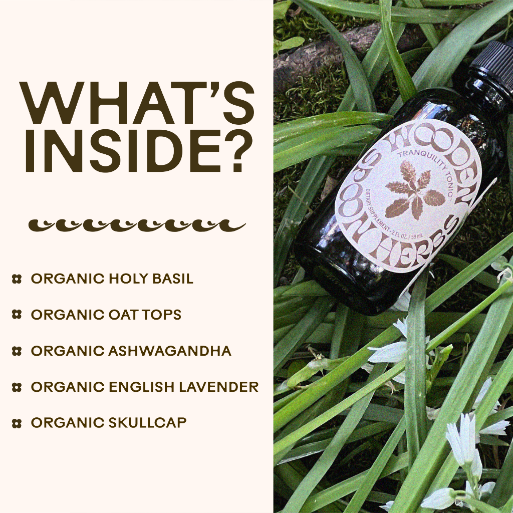 A bottle of WOODEN SPOON HERBS Tranquility Tonic rests on green grass, with text listing its calming herbal blend: organic holy basil, oat tops, ashwagandha, English lavender, and skullcap.