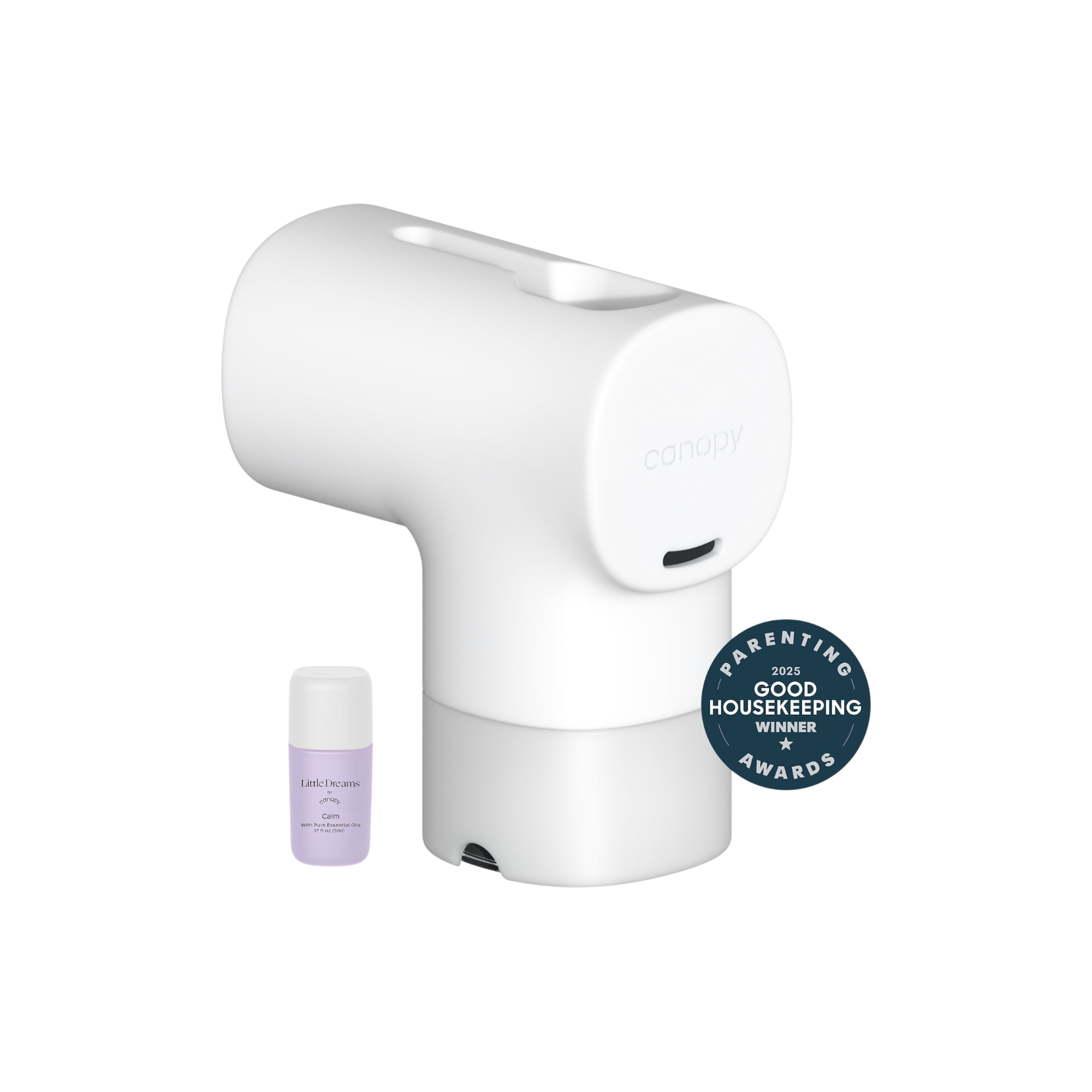 White A Canopy Baby Bath Tub Filter with a small essential oil bottle beside it—ideal for sensitive skin. The product features a "Parenting Good Housekeeping Awards Winner 2023" badge.