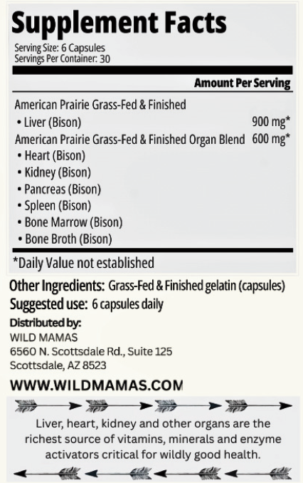 Supplement Facts label for Wild Mamas Wild Child - Complete Multivitamin For Kids, a comprehensive multivitamin with daily values not established—ideal as a first food for babies. Additional product details below.