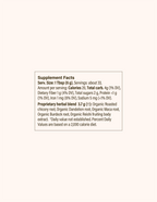 The supplement facts label for WOODEN SPOON HERBS Herbal Coffee shows a serving size of 1 tbsp (6g), 33 servings per container, calories, sugars, protein, sodium, and a 3.7g proprietary blend of organic roots and adaptogenic mushrooms.