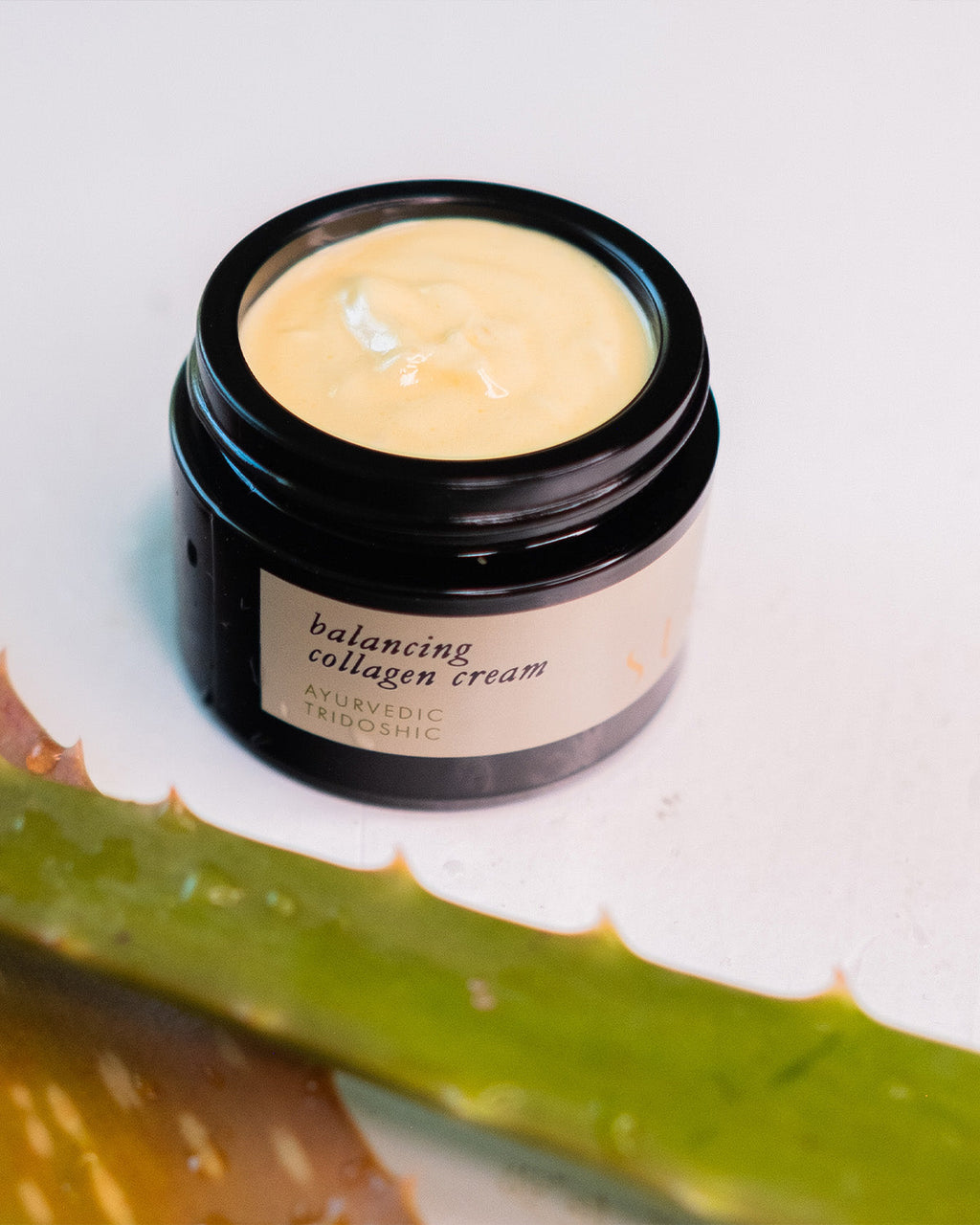 A black Surya Balancing Collagen Cream jar, labeled "Ayurvedic, Tridoshic," sits open to reveal its creamy texture. An aloe vera leaf lies diagonally in front, highlighting the product’s herbal support and skin-balancing benefits.