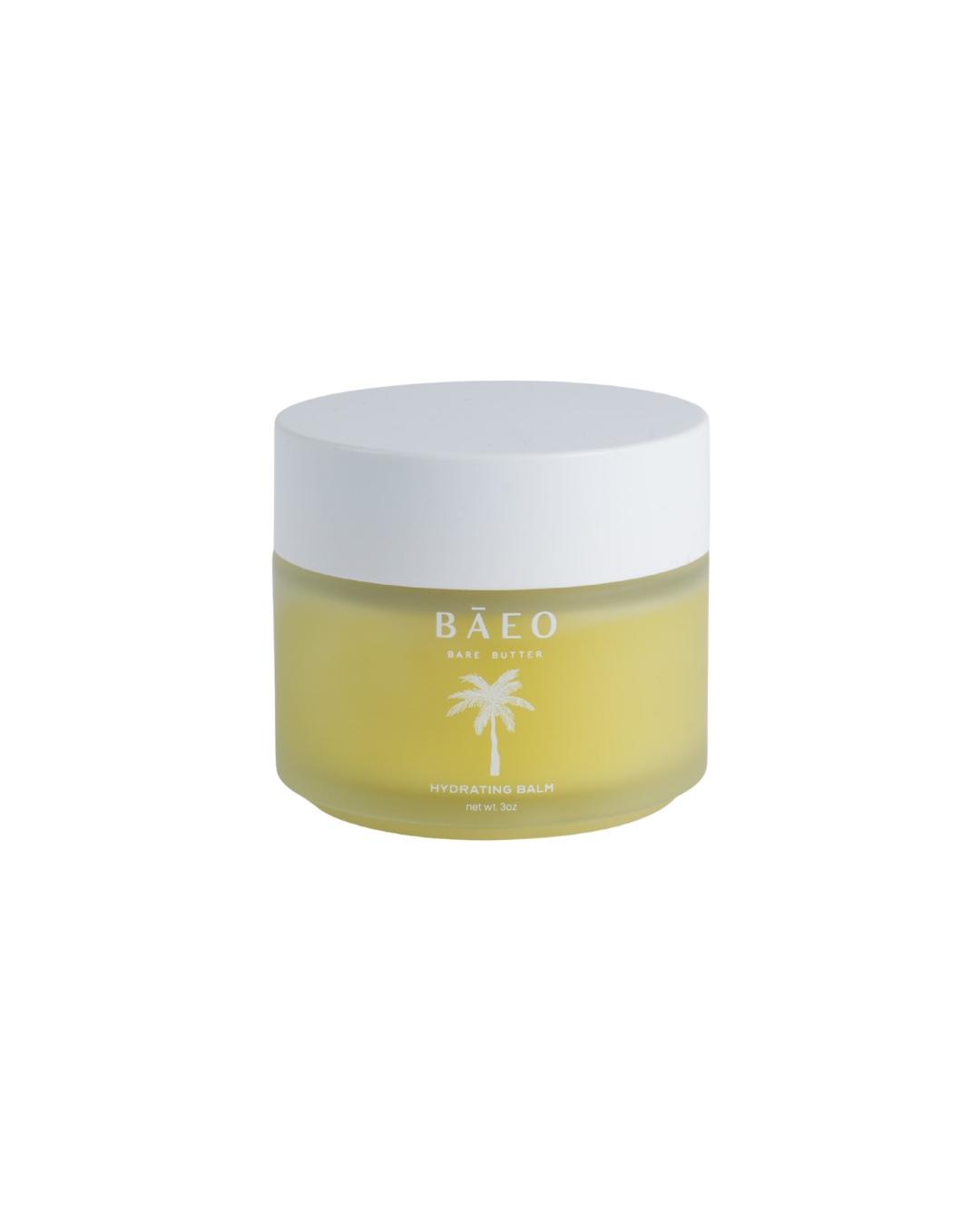 A small frosted glass jar with a white lid holds yellow organic hydrating balm for dry or sensitive skin. The label reads "bare butter" by bāeo and has a palm tree graphic on the front.
