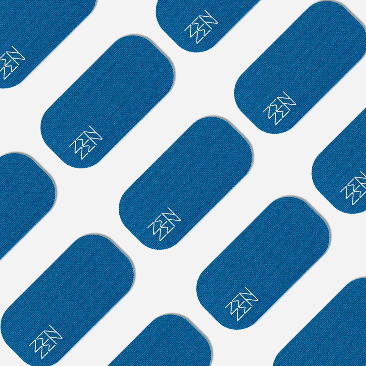 A diagonal pattern of blue Pacific Breeze Mouthtape patches by Zenzentape, each with rounded corners and a white zigzag logo, set on a light background. The design evokes the softness of organic bamboo silk.
