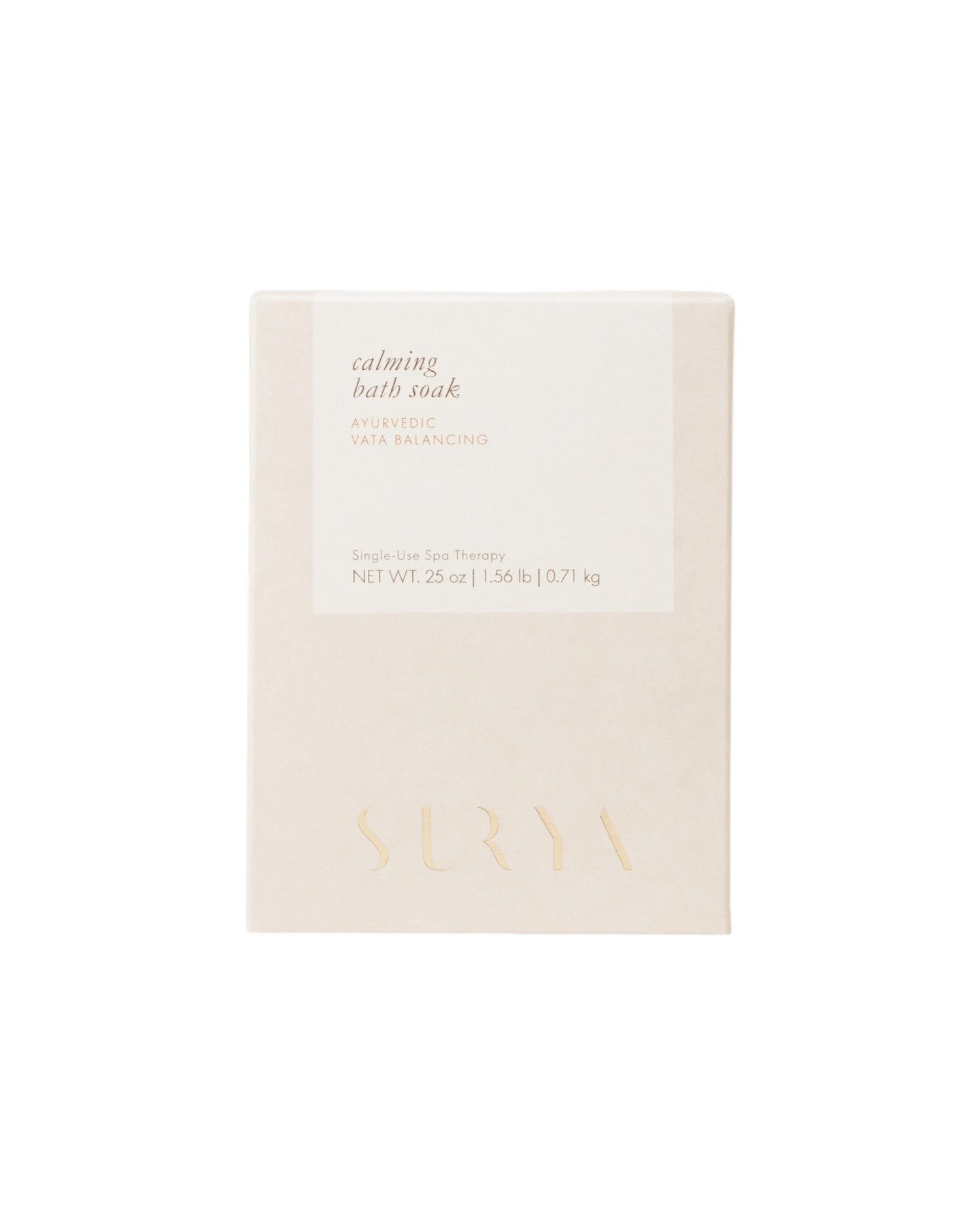 A beige 25 oz box labeled “Calming Bath Soak” by Surya features “Ayurvedic Vata Balancing,” is enriched with Ashwagandha, displays “Single Use Spa Therapy,” and has the brand name embossed at the bottom.