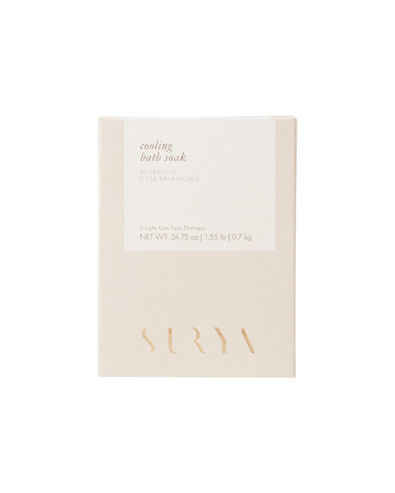 A beige box of Surya Cooling Bath Soak with minimalist packaging, labeled as an Ayurvedic, anti-inflammatory soak for single-use spa therapy and Ayurveda skin care. Net weight: 24.75 oz (0.7 kg).