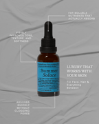 A brown dropper bottle labeled "Summer Solace Tallow" featuring Emanations Profound Face Oil—deeply nourishing tallow, emu oil, champa, tuberose & white ginger lily—for improved skin tone, softness, fast absorption & luxury nutrition.