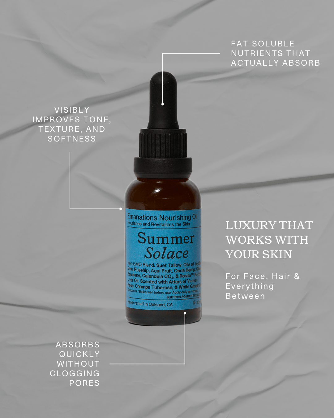 A brown dropper bottle labeled "Summer Solace Tallow" featuring Emanations Profound Face Oil—deeply nourishing tallow, emu oil, champa, tuberose & white ginger lily—for improved skin tone, softness, fast absorption & luxury nutrition.