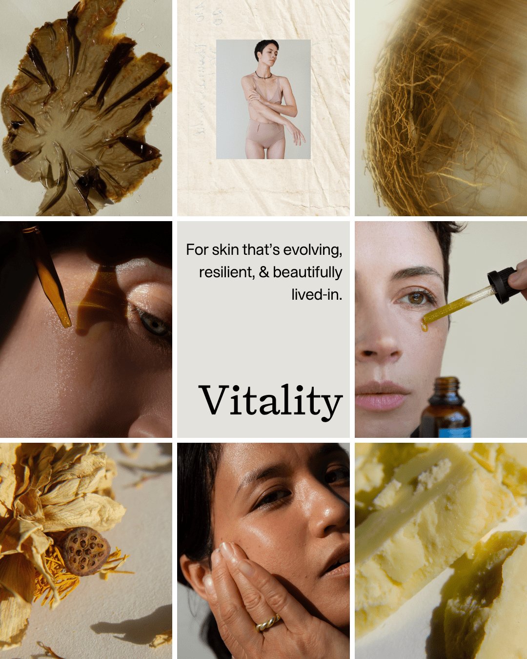 A collage of nature, close-ups of women applying Summer Solace Tallow’s Emanations Profound Face Oil—Deeply Nourishing Tallow, Emu Oil, Champa, Tuberose & White Ginger Lily—with the text: “For evolving, resilient skin. Vitality.”.