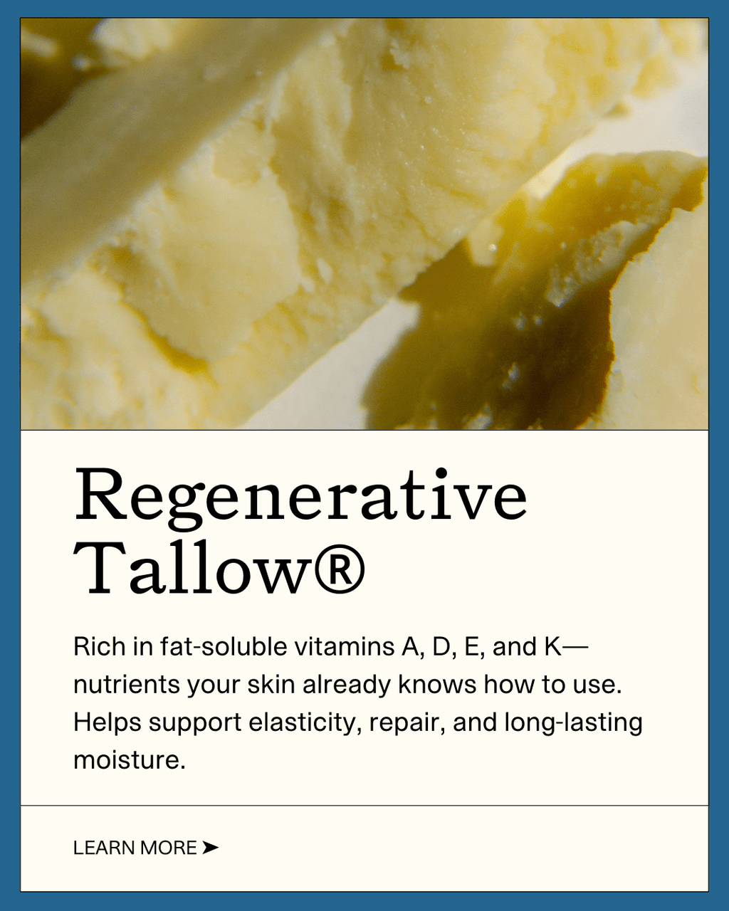 A close-up of yellow Emanations Profound Face Oil by Summer Solace Tallow, featuring Regenerative Tallow® rich in fat-soluble vitamins that support skin elasticity, repair, and moisture—plus nourishing tallow face oil benefits. “Learn More” appears below.