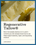 A close-up of yellow Emanations Profound Face Oil by Summer Solace Tallow, featuring Regenerative Tallow® rich in fat-soluble vitamins that support skin elasticity, repair, and moisture—plus nourishing tallow face oil benefits. “Learn More” appears below.